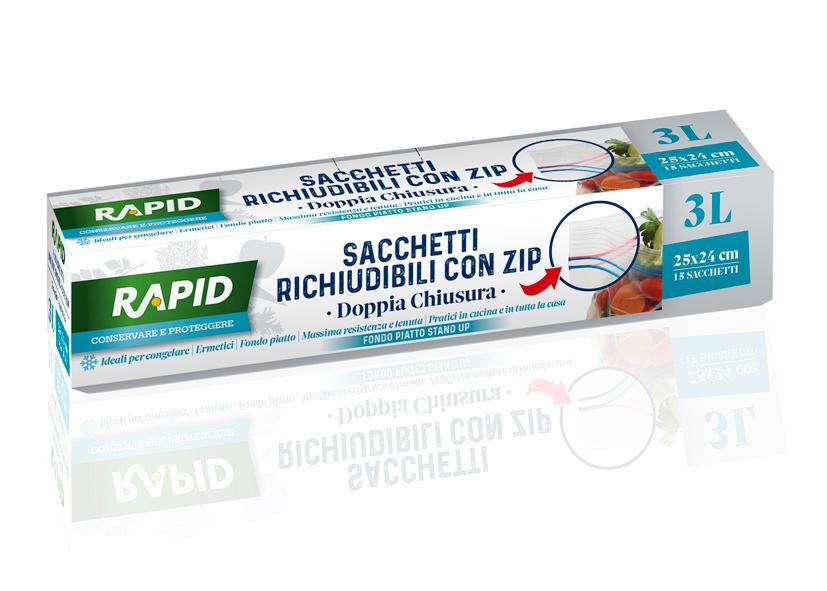 15 SACCHETTI FRIGO CON ZIP 3L 25X24 CM RAPID Cod. 041725