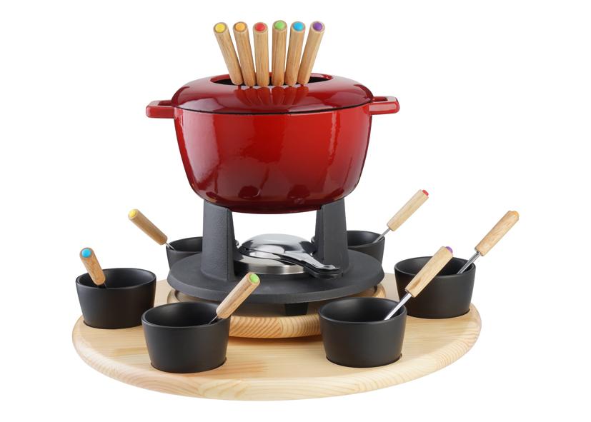 24 PEZZI FONDUTA GHISA ROSSA+BASE LEGNO EVA Cod. 070323