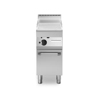 Gas fry-top with polished chrome ribbed plate on cabinet with doors Code F70/40FTG/CR/P