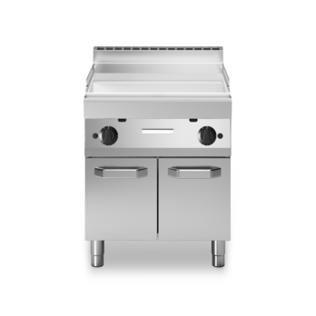 Gas-Bratplatte mit glatter, hochglanzverchromter Platte auf Unterschrank mit Türen Code F70/70FTG/CL/P