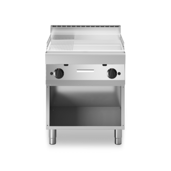 Fry-top a gas con piastra cromata lucida 2/3 liscia 1/3 rigata su armadio aperto Cod. F70/70FTG/CLR/A