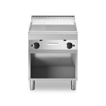 Fry-top a gas con piastra 2/3 liscia 1/3 rigata su armadio aperto Cod. F70/70FTG/LR/A