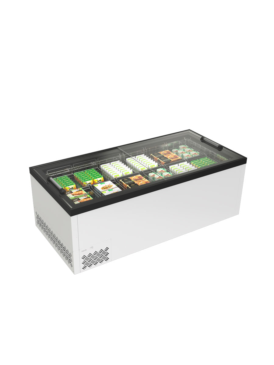 Mondial Oasi 200 MW LED Glass display islands for frozen products with flat sliding glass lids
Code: Oasi200MWLED