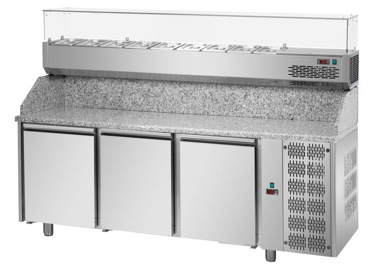 TAVOLO REFRIGERATO PIZZA 600X400 CON 3 PORTE E PIANO IN GRANITO