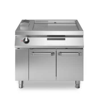 Electric fry top with 2/3 smooth plate, 1/3 ribbed plate on cabinet with doors Cod. R110/100FTE/LR/P