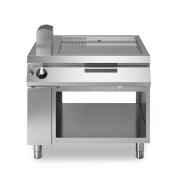 Gas fry top, 2/3 smooth plate, 1/3 ribbed plate, on open cabinet Code R110/100FTG/LR/A