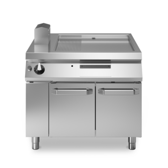 Gas fry top with 2/3 smooth plate, 1/3 ribbed plate, on cabinet with doors. Code R110/100FTG/LR/P
