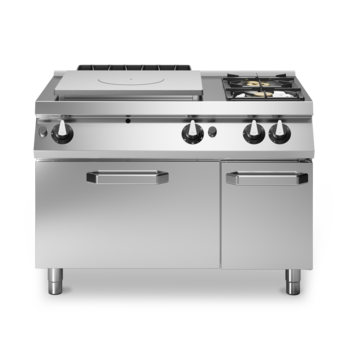 Cucina tuttapiastra gas, 2 fuochi bacinelle smaltate, su forno gas Cod. R70/120TPFGFB/P