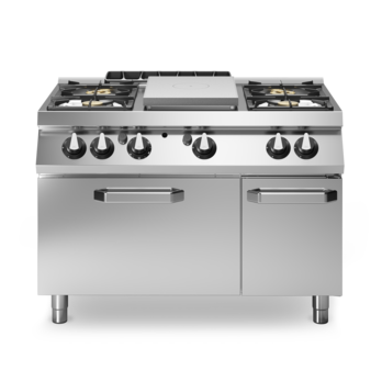 Cucina tuttapiastra gas, 4 fuochi bacinelle smaltate, su forno gas Cod. R70/120TPPFGFB/P
