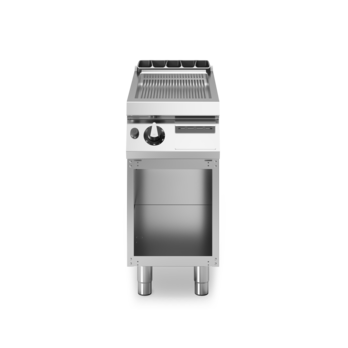 Gas griddle with chromed ribbed plate on open cabinet Code R90/40FTG/CR/A