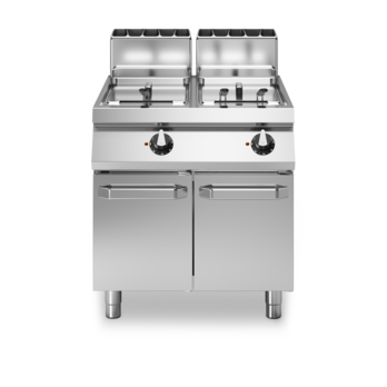 Gasfritteuse 2 freie Becken 21+21 Liter auf Unterschrank mit Türen Code R90/80FRGL/2V21/P