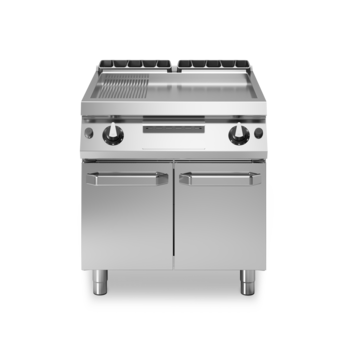 Gas griddle 2/3 smooth 1/3 ribbed chromed on cabinet with doors Cod. R70/80FTG/CLR/P