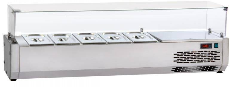 VETRINA REFRIGERATA IN ACCIAIO INOX PER 6 VASCHETTE GN 1/3 CON VETRI PIANI TEMPERATI